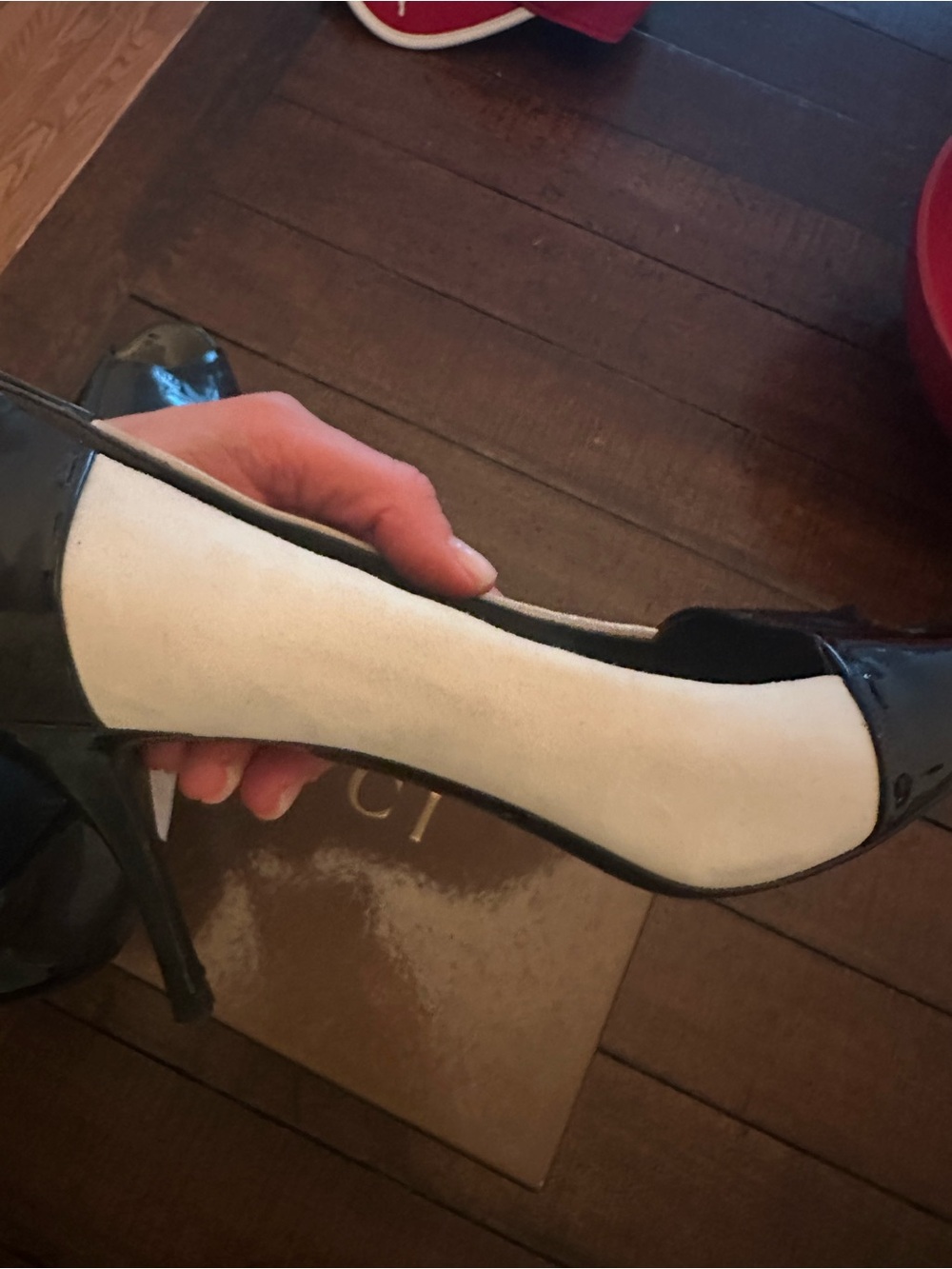 Gucci Black Patent and White Suede Open Toe Pumps - Picture 9 of 16
